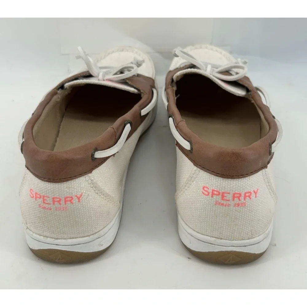 Sperry Topsider Firefish Cream Canvas Boat Shoes With Tan Leather Women's 6M